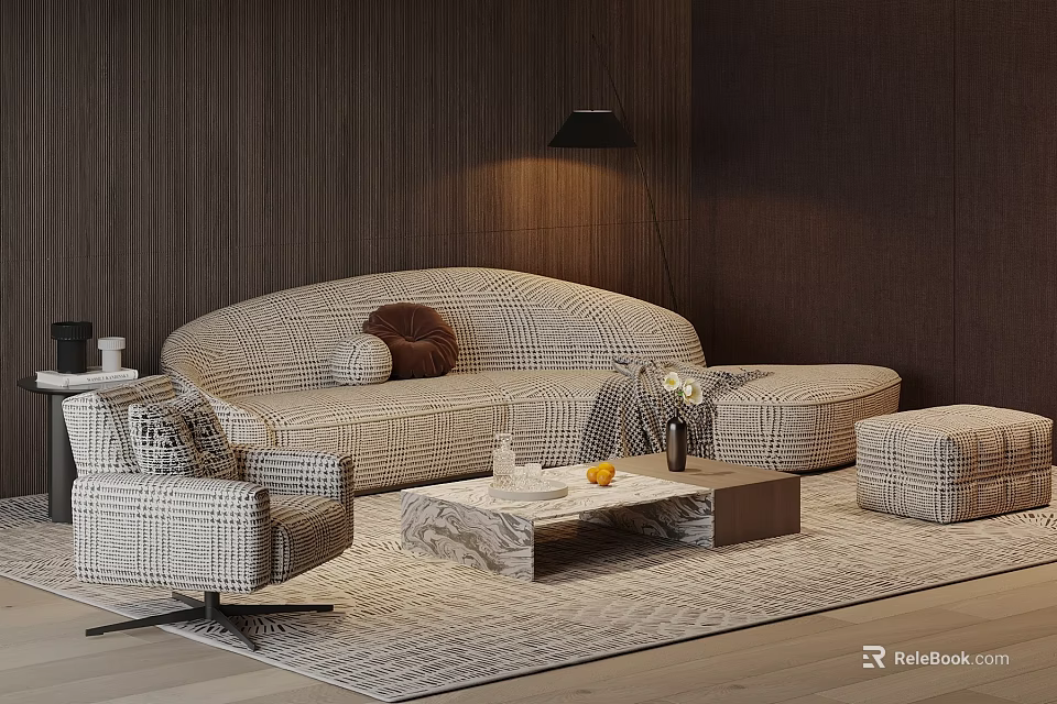 Modern Beige Plaid Multi person Sofa With Armchair Coffee Table And Floor Lamp 3d model 