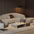 Modern Beige Plaid Multi person Sofa With Armchair Coffee Table And Floor Lamp