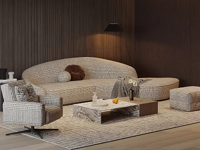 Modern Beige Plaid Multi person Sofa With Armchair Coffee Table And Floor Lamp 3d model