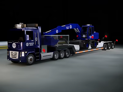 Blue Heavy Duty Utility Vehicle Transporting Excavator On Flatbed Trailer At Night 3d model