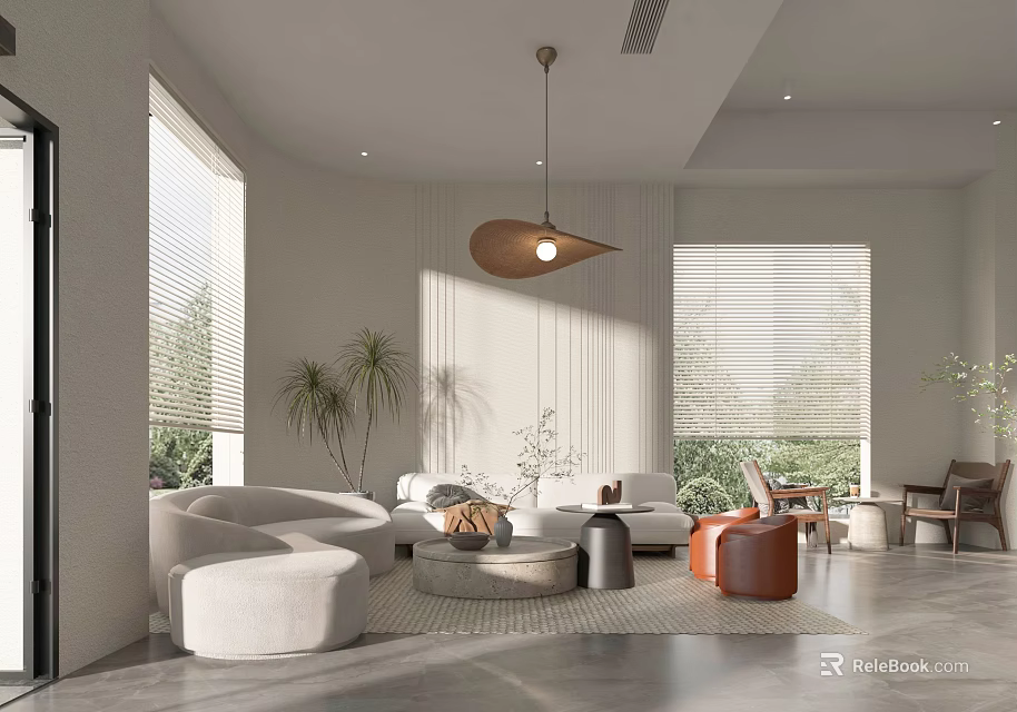 Modern Living Room With White Sofa Round Coffee Table Wooden Pendant Light And Natural Light 3d model 