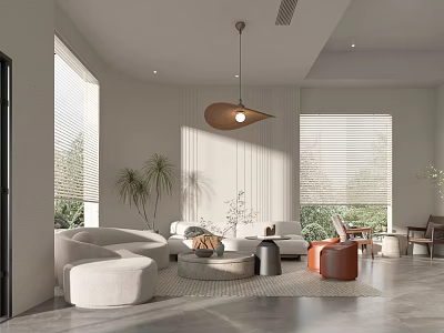 Modern Living Room With White Sofa Round Coffee Table Wooden Pendant Light And Natural Light 3d model