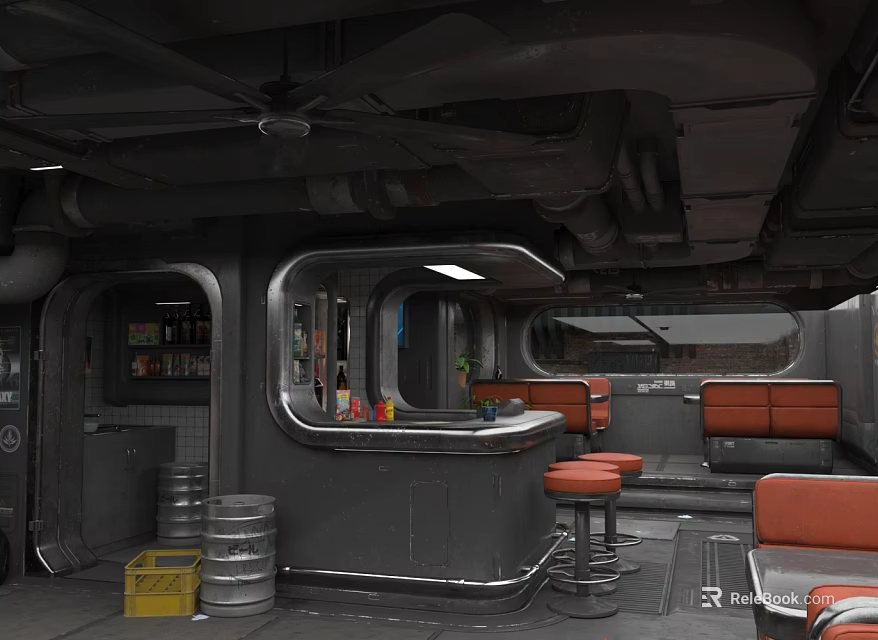 Industrial Bar Interior Design With Gray Counter Metal Pipe Ceiling Orange Stools And Red Sofas 3d model 