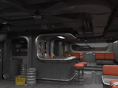 Industrial Bar Interior Design With Gray Counter Metal Pipe Ceiling Orange Stools And Red Sofas 3d model