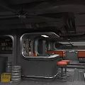 Industrial Bar Interior Design With Gray Counter Metal Pipe Ceiling Orange Stools And Red Sofas
