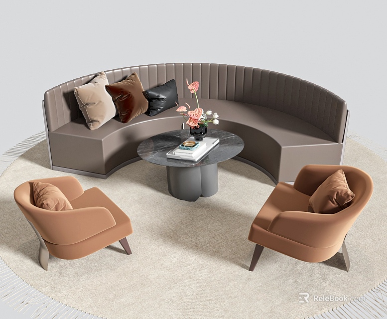 Curved Gray Sofa and Round Black Coffee Table Set with Colored Pillows and Brown Armchairs 3d model 