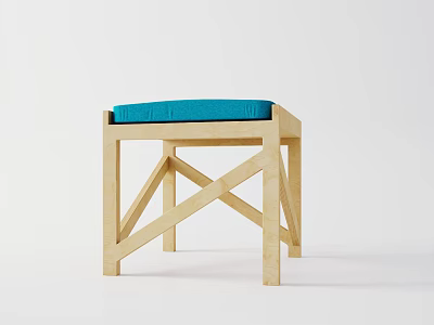 Wooden Stool With Cross Leg Design And Blue Cushioned Seat For Modern Home 3d model