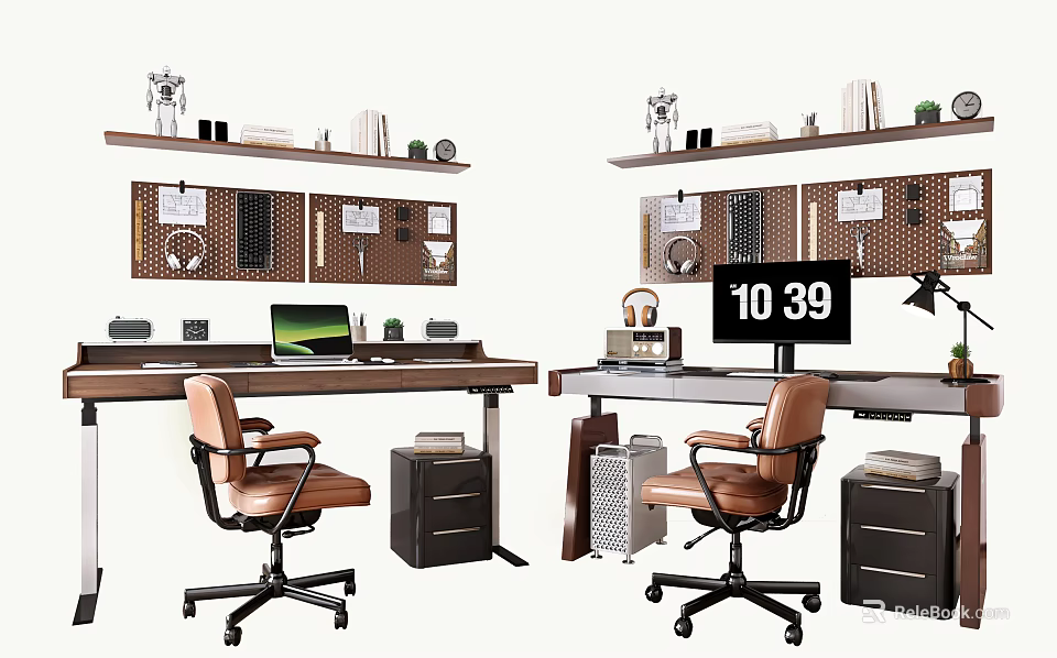 Modern Home Office Desk with Leather Chair Wall-Mounted Shelves Computer Monitor Clock and Storage Cabinets 3d model 