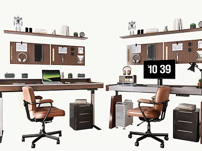 Modern Home Office Desk with Leather Chair Wall-Mounted Shelves Computer Monitor Clock and Storage Cabinets 3d model