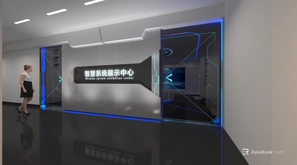 Modern Intelligent System Exhibition Center Interior With Digital Display And Tech Elements 3d model