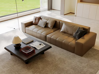 Modern Leather Sofa and Coffee Table Set with Throw Pillows in Bright Living Room 3d model