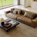 Modern Leather Sofa and Coffee Table Set with Throw Pillows in Bright Living Room