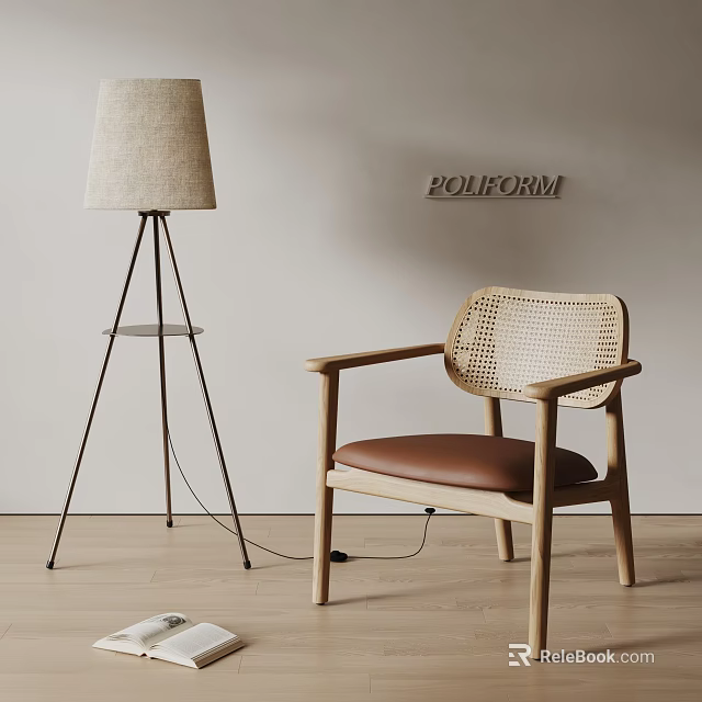 Stylish Rattan Accent Chair With Wooden Frame And Brown Cushion Near Floor Lamp 3d model 