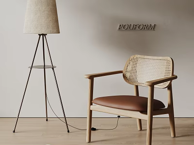 Stylish Rattan Accent Chair With Wooden Frame And Brown Cushion Near Floor Lamp 3d model