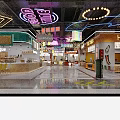 Vibrant Food Court Interior With Neon Lights Colorful Signboards And Retro Stalls