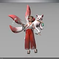 Traditional Female Character In Red White Robe With Pink Fox Tails And White Feline Creature