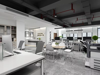 Modern Public Office Space With Open Layout Workstations Green Plants And Bright Lighting 3d model
