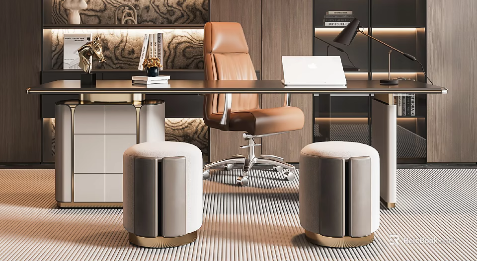 Modern Luxury Desk Workspace With Leather Chair Laptop Desk Lamp And Stylish Stools 3d model 