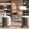 Modern Luxury Desk Workspace With Leather Chair Laptop Desk Lamp And Stylish Stools