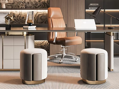 Modern Luxury Desk Workspace With Leather Chair Laptop Desk Lamp And Stylish Stools 3d model