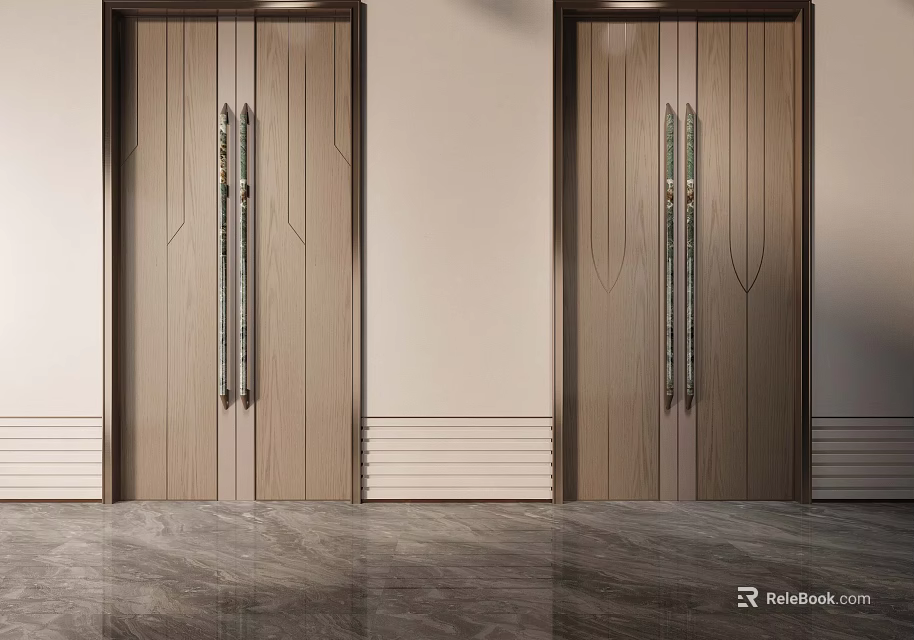 Modern Wooden Main Doors With Sleek Design Metal Handles And Marble Floor 3d model 