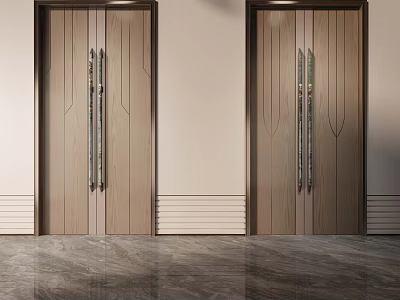 Modern Wooden Main Doors With Sleek Design Metal Handles And Marble Floor 3d model