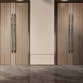 Modern Wooden Main Doors With Sleek Design Metal Handles And Marble Floor