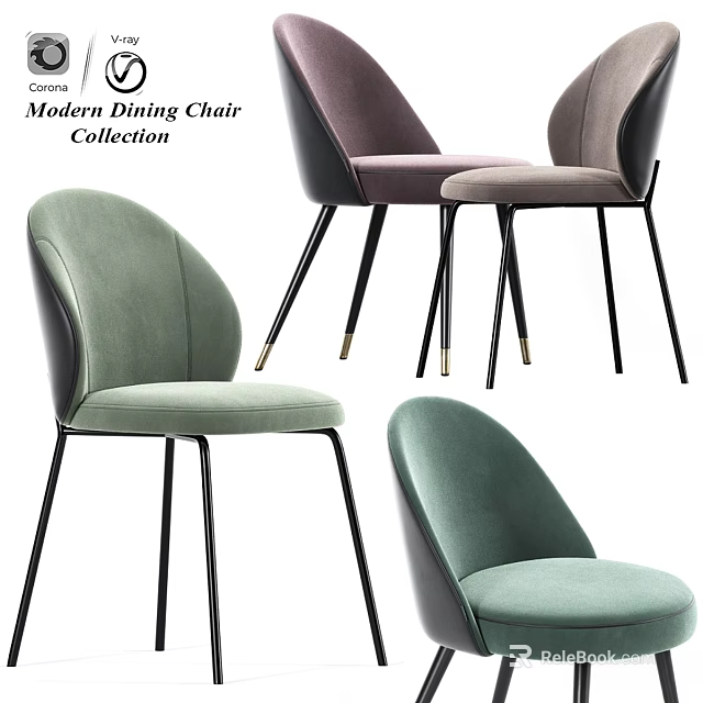 Modern Single Dining Chair With Velvet Upholstery And Sleek Metal Legs In Various Colors 3d model 