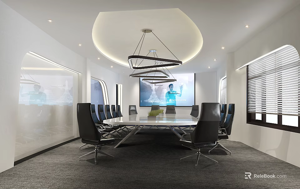 Modern Meeting Room Interior Design With Conference Table Black Chairs Projection Screen And Chandelier 3d model 