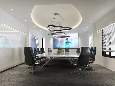 Modern Meeting Room Interior Design With Conference Table Black Chairs Projection Screen And Chandelier 3d model