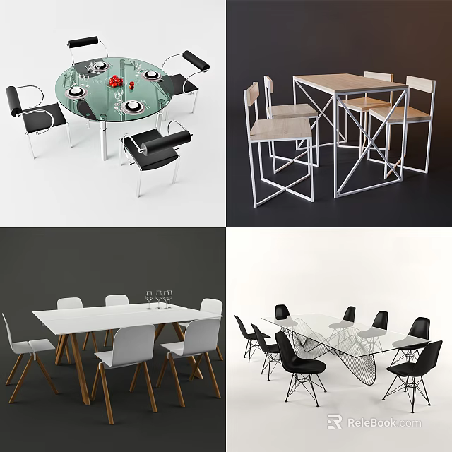 Modern Stylish Dining Table And Chair Sets With Glass Wooden Tops And Black White Chairs 3d model 