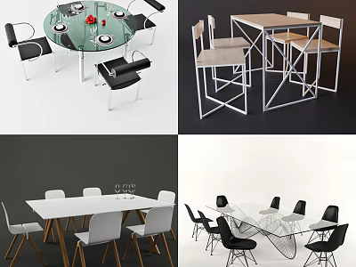 Modern Stylish Dining Table And Chair Sets With Glass Wooden Tops And Black White Chairs 3d model