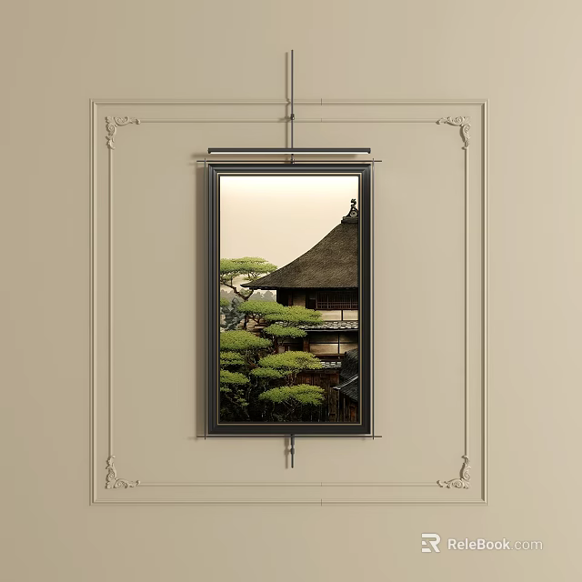Serene Landscape Painting Of Traditional Japanese Building With Thatched Roof And Trimmed Green Plants 3d model 