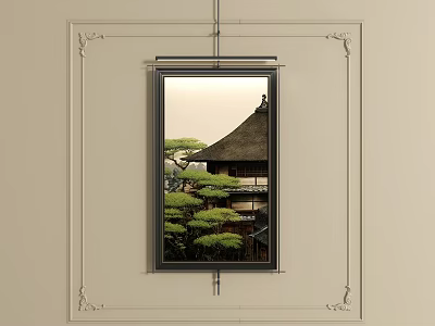 Serene Landscape Painting Of Traditional Japanese Building With Thatched Roof And Trimmed Green Plants 3d model