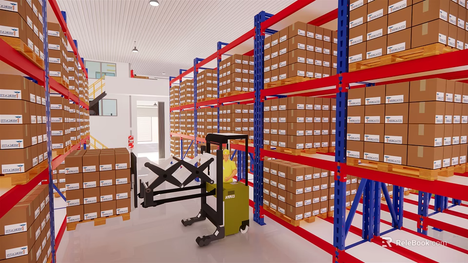 Organized Warehouse Storage Area With Red Blue Racks Stacked Boxes And Green Forklift 3d model 