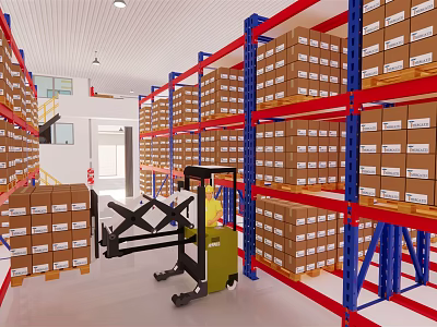 Organized Warehouse Storage Area With Red Blue Racks Stacked Boxes And Green Forklift 3d model