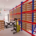 Organized Warehouse Storage Area With Red Blue Racks Stacked Boxes And Green Forklift
