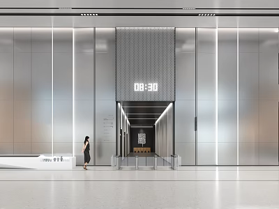Modern Front Desk Reception With Silver Walls Digital Clock Showing 0830 Woman Standing Sleek Floor 3d model