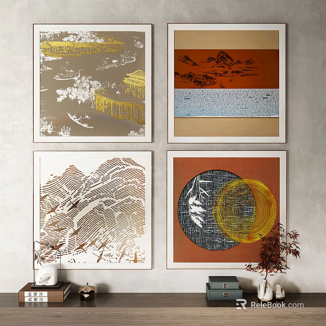 Square Decorative Paintings With Colorful Patterns On Gray Wall And Plants 3d model