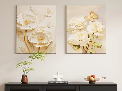 Botanical Paintings with White Roses Camellias and Butterflies 3D Relief Wall Art for Home Decor 3d model