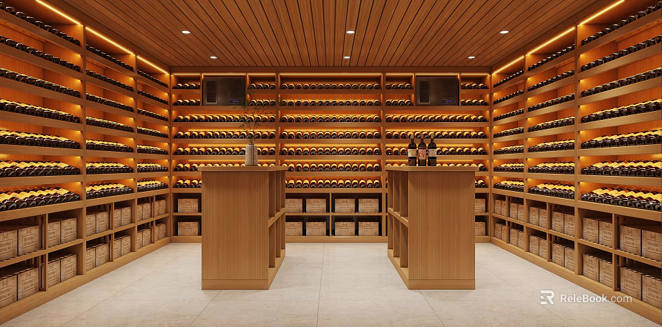 Elegant Wine Cellar Interior Design With Wooden Racks And Displayed Wine Bottles 3d model 