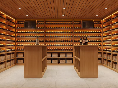 Elegant Wine Cellar Interior Design With Wooden Racks And Displayed Wine Bottles 3d model
