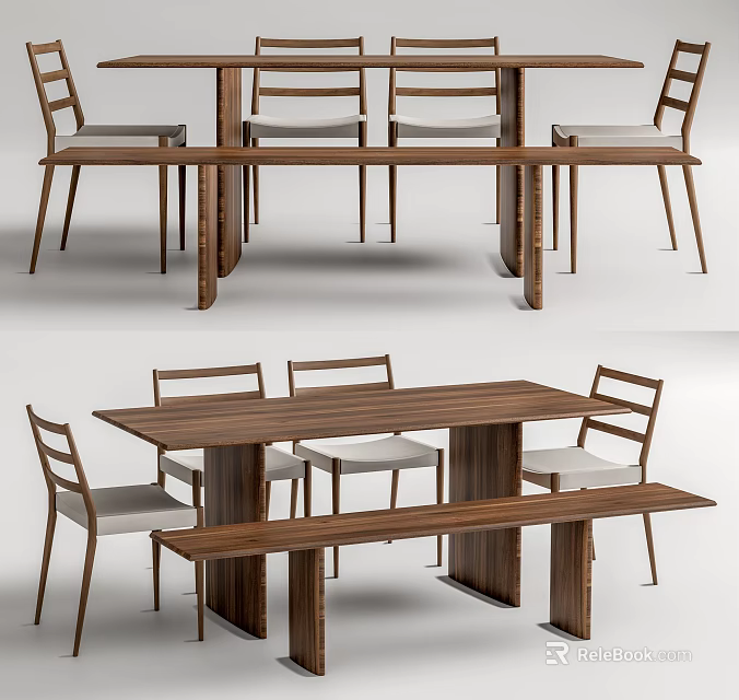 Modern Wooden Dining Table Set With Backrest Chairs And Bench 3d model