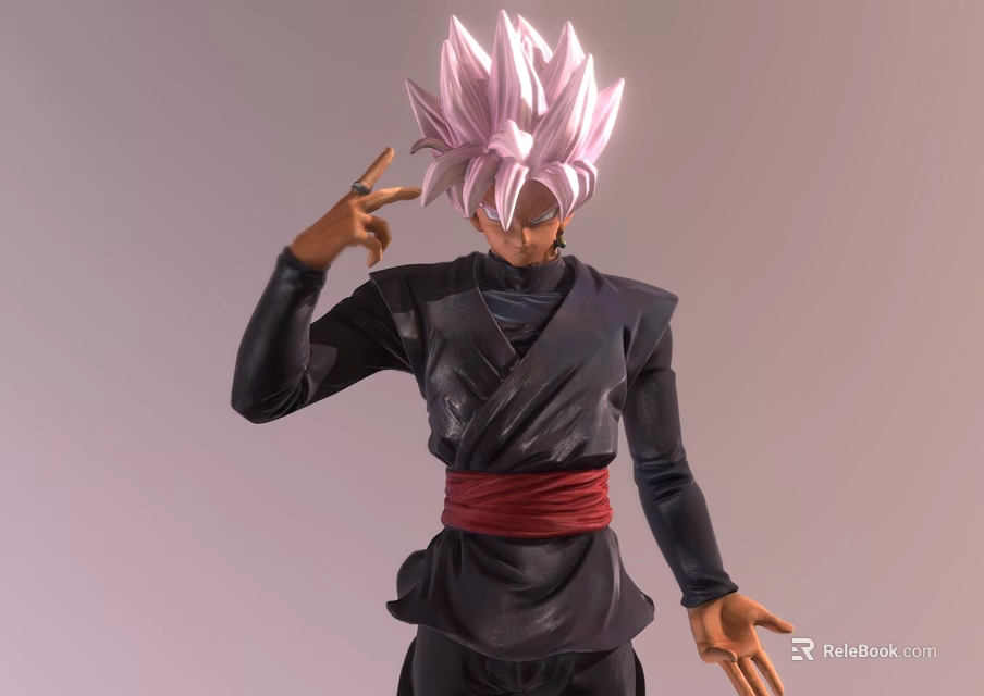 Detailed Anime Doll With Pink Hair Black Clothing Red Belt Hand Gesture And Outstretched Hand 3d model 