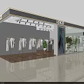 Modern Clothing Store With Clothes On Gold Racks Spotlights Window Display Mannequins And Green Plants