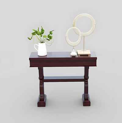 Dark Wooden Console Table With White Vase Green Plant And Circular Mirrors 3d model