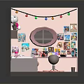 Cartoon Room Scene With Colorful String Lights Pink Stuffed Toy Posters Mirror Bed And Desk