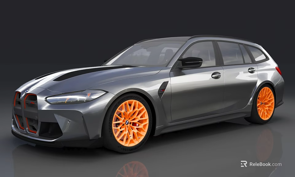 Gray Sporty Wagon Car With Orange Alloy Wheels And Modern Exterior Design 3d model 