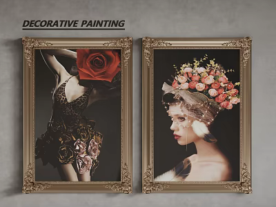 Decorative Framed Portrait Paintings Featuring Elegant Figures with Red Rose and Floral Headdress 3d model