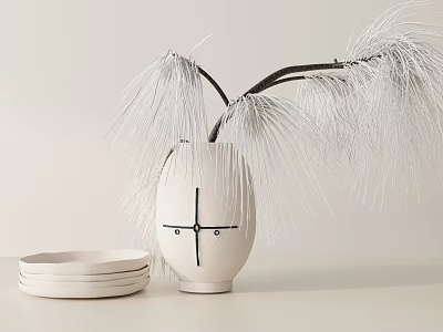 White Vase With Black Cross Pattern And White Decorative Branches Decorative Ornament Set With Plates 3d model